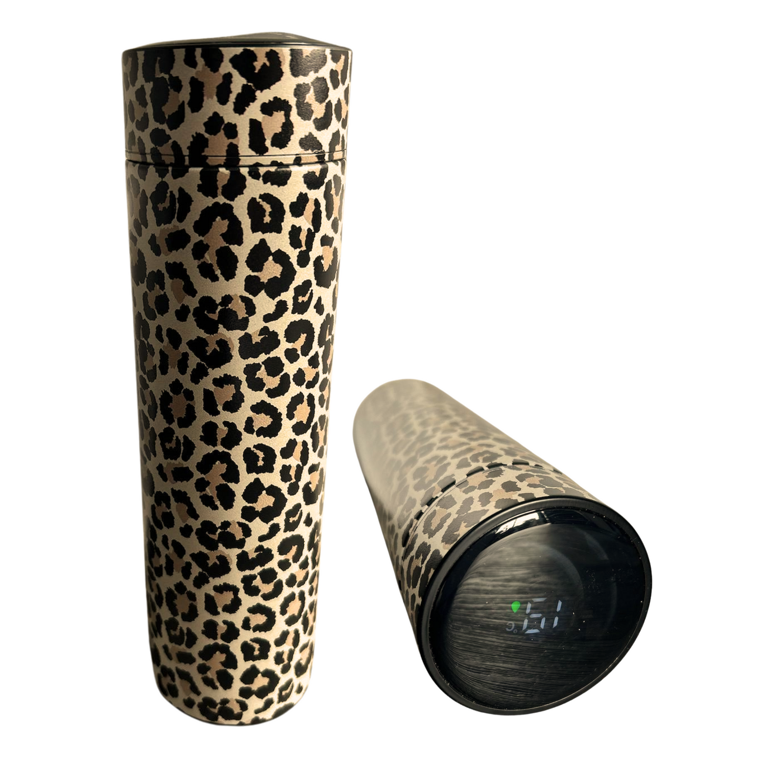 SparkleBerry Cheetah Temperature Tumbler – Light-Up, Tall, Skinny, with Tea Attachment